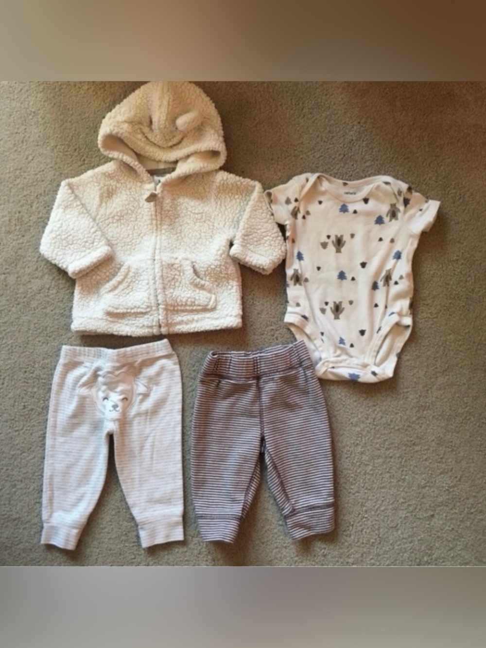 3/$25 Carter’s Baby Cream Brown Teddy Hoodie Jacket + Onesie + Legging Size 3M